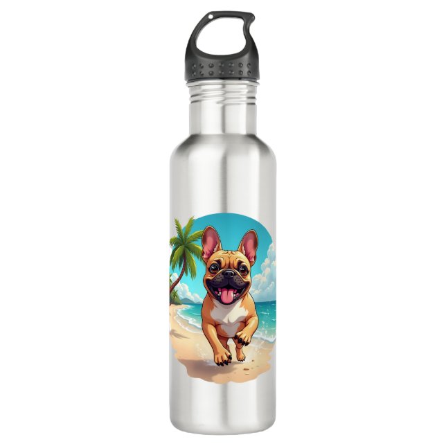 Bouteille D'eau Chien de taureau français sur une plage (Devant)