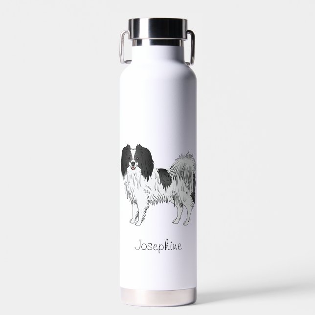 Bouteille D'eau Chien Phalène Noir Et Blanc Avec Nom Personnalisé (Avant)