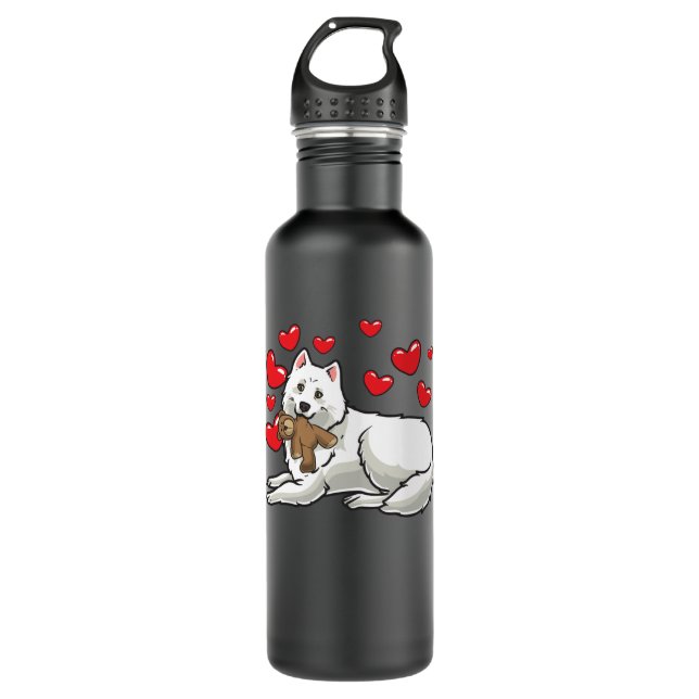 Bouteille D'eau Chien Samoyé Avec Animal Stuffé Et Coeurs (Devant)