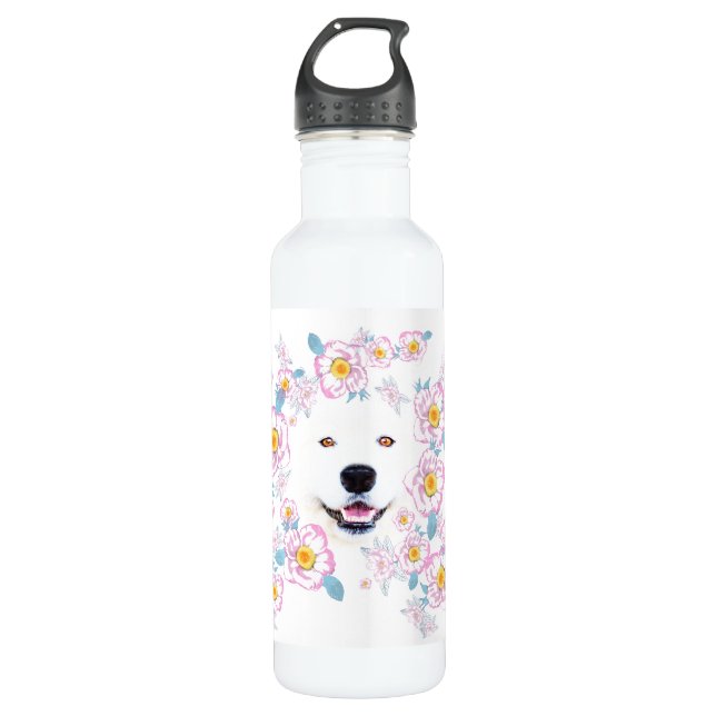 Bouteille D'eau Chien Samoyed et fleurs roses, nom customisé (Devant)