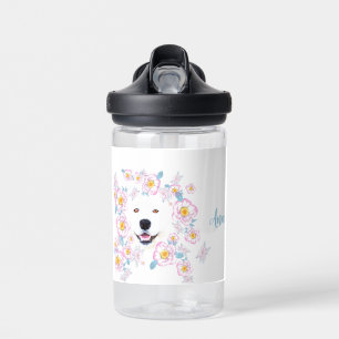 Bouteille D'eau Chien Samoyed et fleurs roses, nom customisé