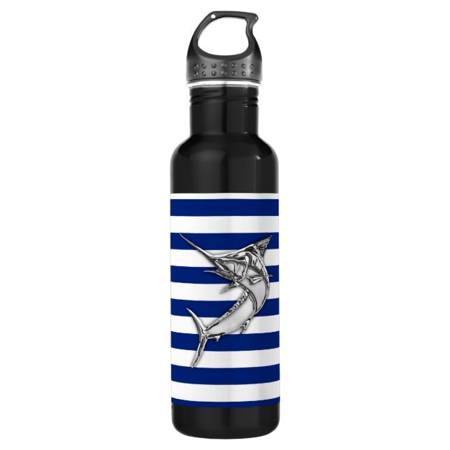 Bouteille D'eau Chrome marlin Swordfish sur Nautical Stripes (Devant)