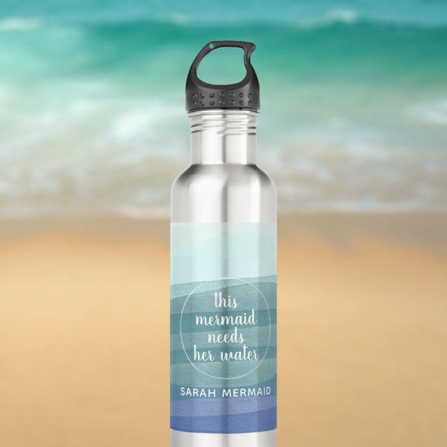 Bouteille D'eau Citation de nom de sirène d'aquarelle moderne (Add your own quote and name to this watercolor waves water bottle. Keep hydrated!)