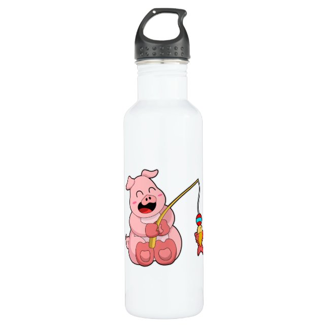 Bouteille D'eau Cochon à la pêche avec poisson (Devant)