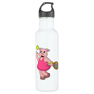 Bouteille D'eau Cochon au tennis avec raquette de tennis