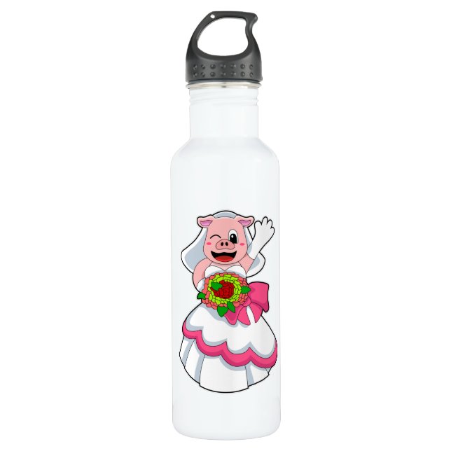 Bouteille D'eau Cochon avec robe Mariage & Bunch of Flowers (Devant)