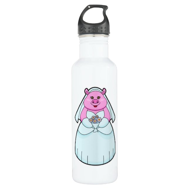 Bouteille D'eau Cochon en mariée avec Voile (Devant)