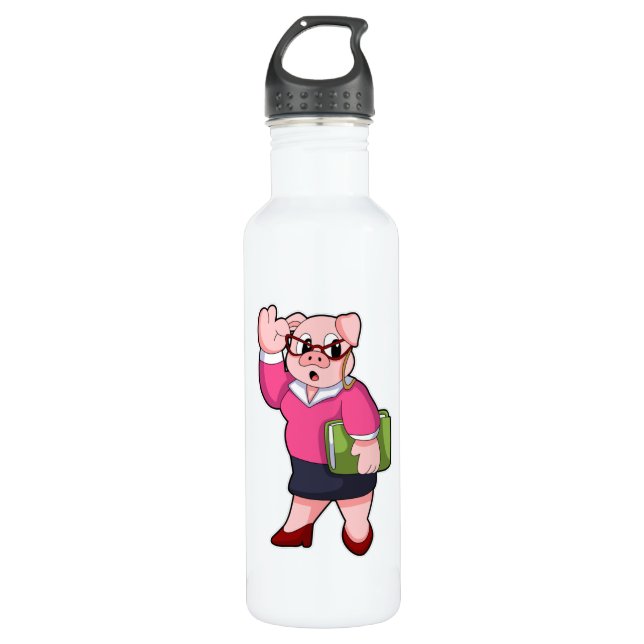 Bouteille D'eau Cochon en tant que secrétaire avec lunettes (Devant)