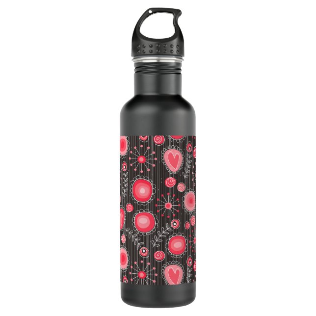 Bouteille D'eau Coeurs blancs et gris et fleurs florales (Devant)