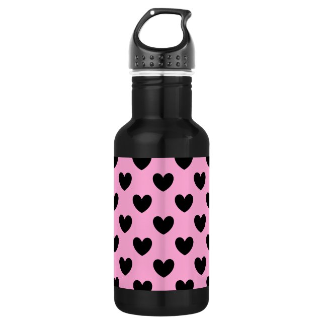 Bouteille D'eau Coeurs de polka noir sur coton bonbon rose (Devant)