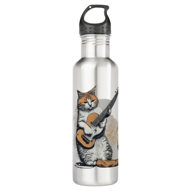 Bouteille D'eau Cool Orange Chat Jamming sur la guitare (Devant)