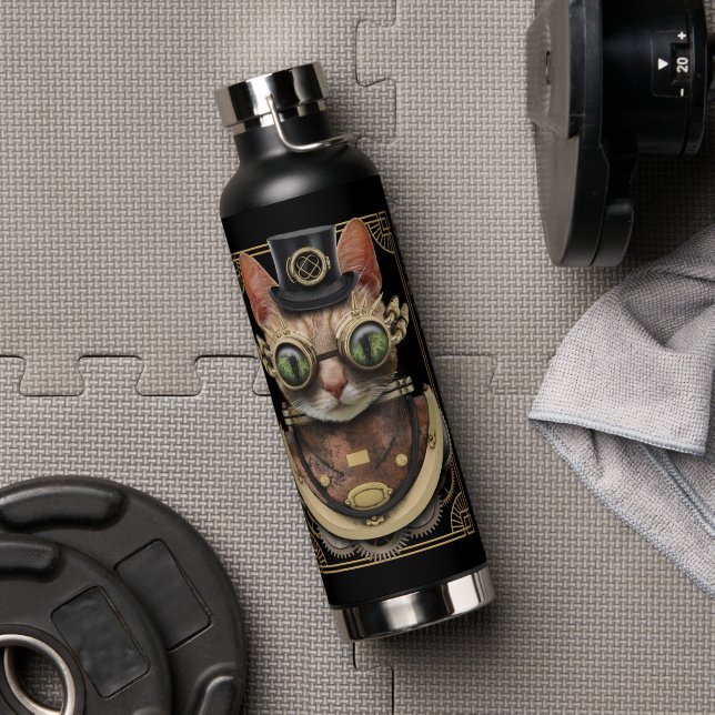 Bouteille D'eau Cool Steampunk Orange Tabby Chat avec nom (Salle de sport)