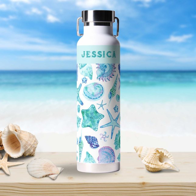 Bouteille D'eau Coques d'aquarelle bleu et blanc (Blue and White Coastal Watercolor Shells Water Bottle)