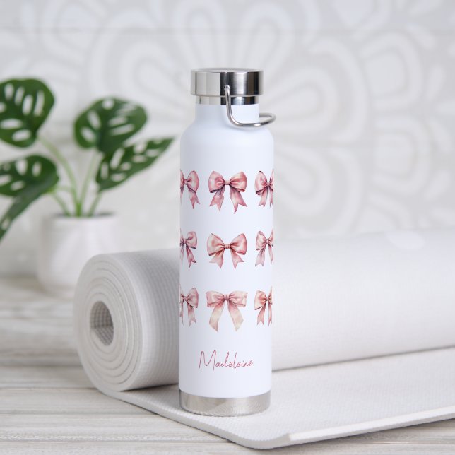 Bouteille D'eau Coquette rose Bow Nom personnalisé (Yoga (pivoté))