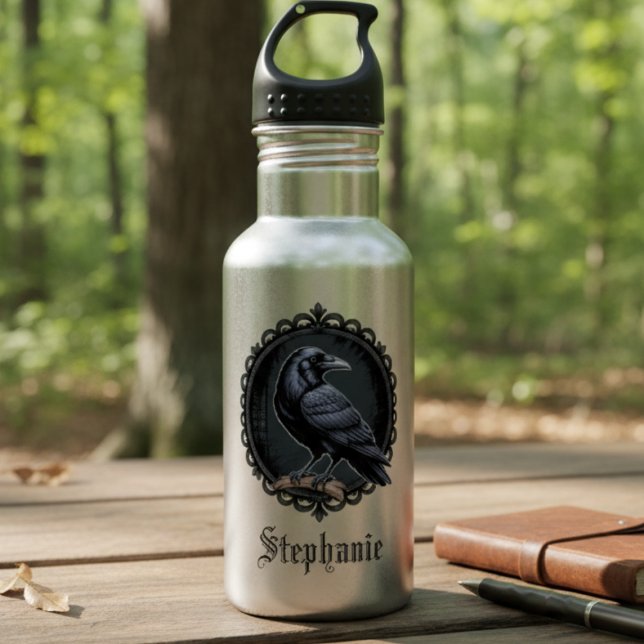 Bouteille D'eau Corbeau gothique avec nom (Personalized Gothic raven water bottle)