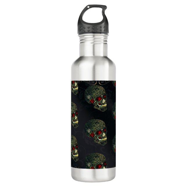 Bouteille D'eau Crâne à bijoux et Roses glam Gothique Filigree (Devant)