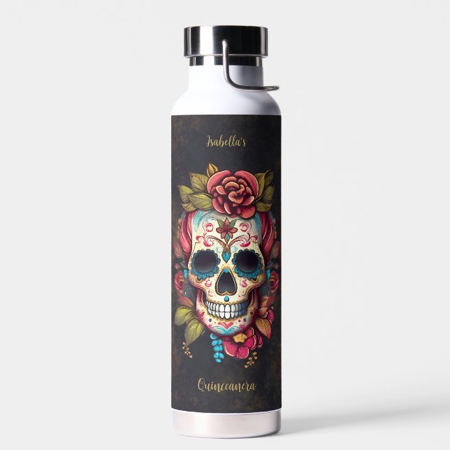 Bouteille D'eau Crâne à sucre floral Quinceanera Anniversaire (Gauche)