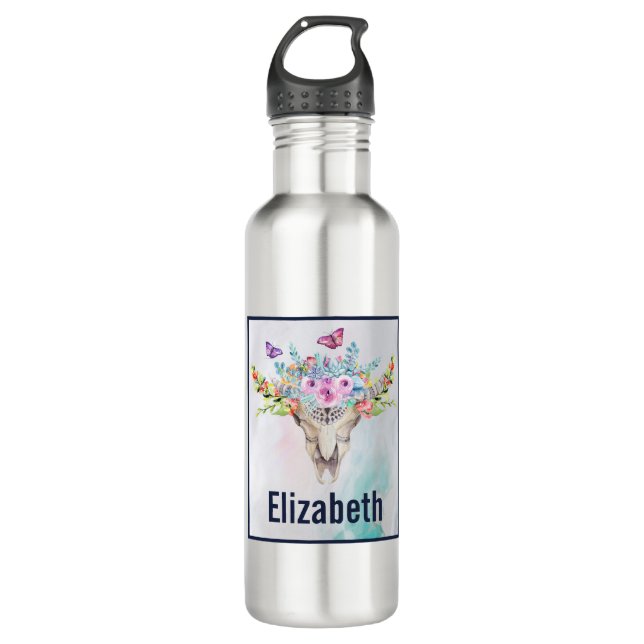Bouteille D'eau Crâne animal Boho avec papillons et fleurs (Devant)