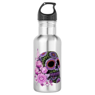 Bouteille D'eau Crâne de sucre rose floral noir Jour des morts