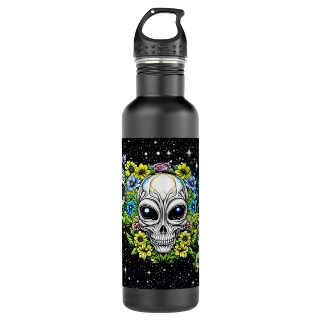 Bouteille D'eau Crânes et fleurs Aliens extraterrestres (Devant)