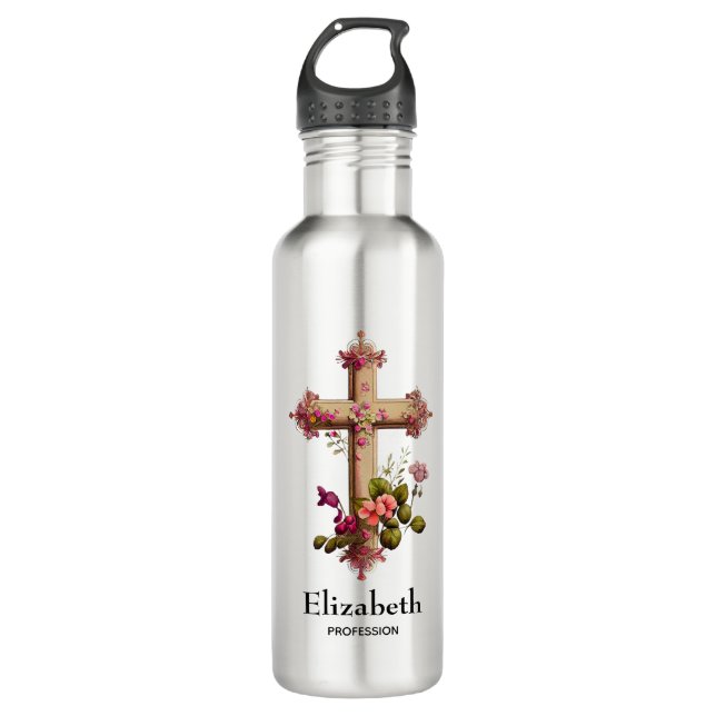 Bouteille D'eau Croix en bois élégante aux fleurs roses (Devant)