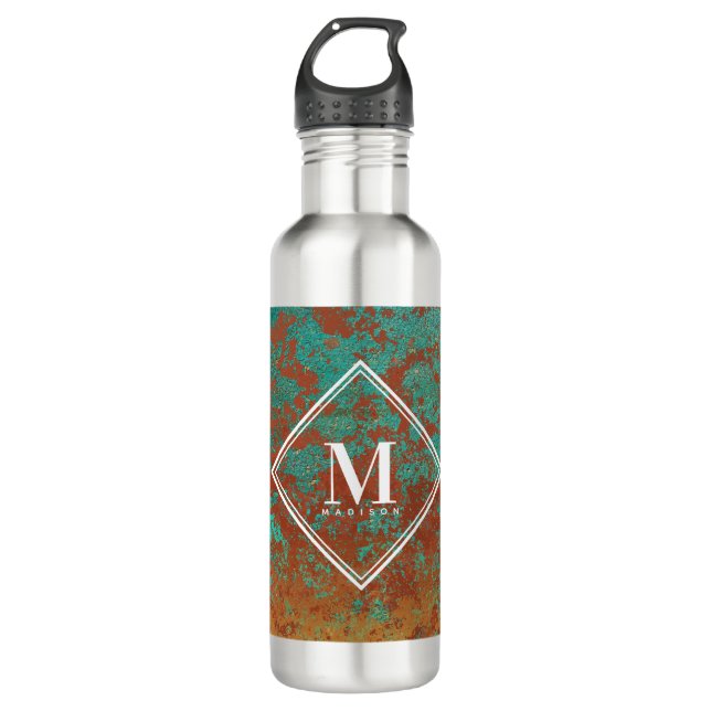 Bouteille D'eau Cuivre Turquoise Texture métallique Monogramme ini (Devant)