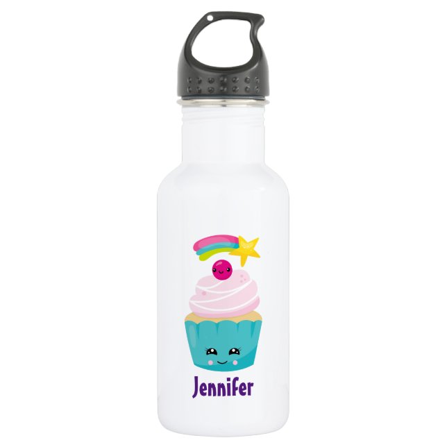 Bouteille D'eau Cupcake bleu mignon avec visage Kawaii (Devant)