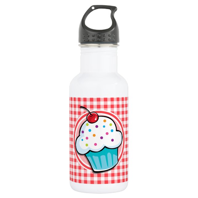 Bouteille D'eau Cupcake mignonne sur En vichy rouge et blanc (Devant)