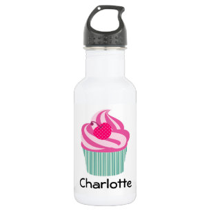Bouteille D'eau Cupcake rose personnalisé avec cerise Pointe Polka