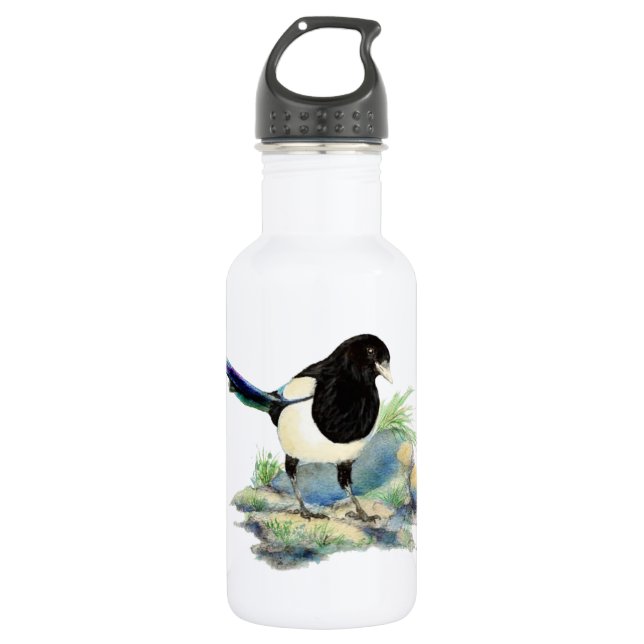 Bouteille D'eau Curieux aquarelle Magpie Oiseau Art (Devant)