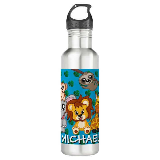 Bouteille D'eau Cute Animals Jungle Blue Cartoon Zoo Safari Nom (Devant)