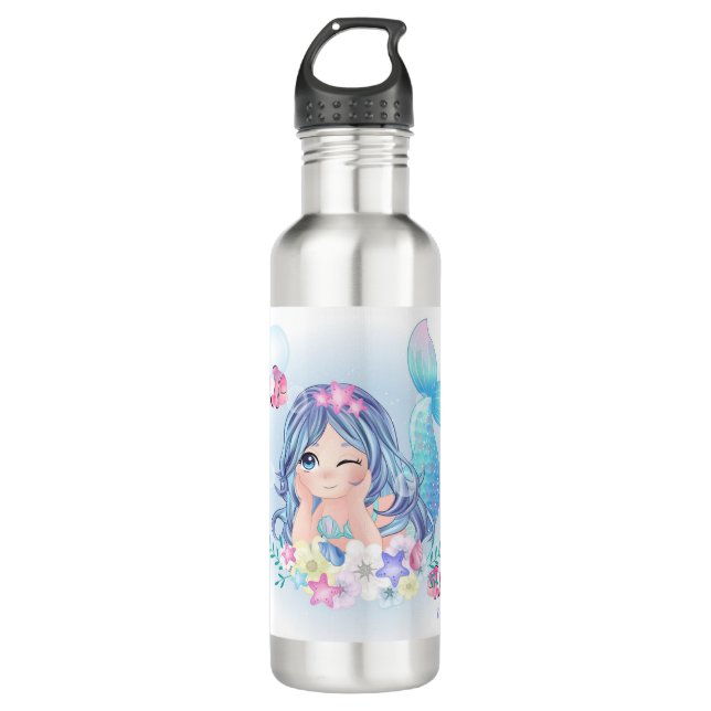 Bouteille D'eau Cute Aquarelle Sirène Enfants Nom personnalisé (Devant)