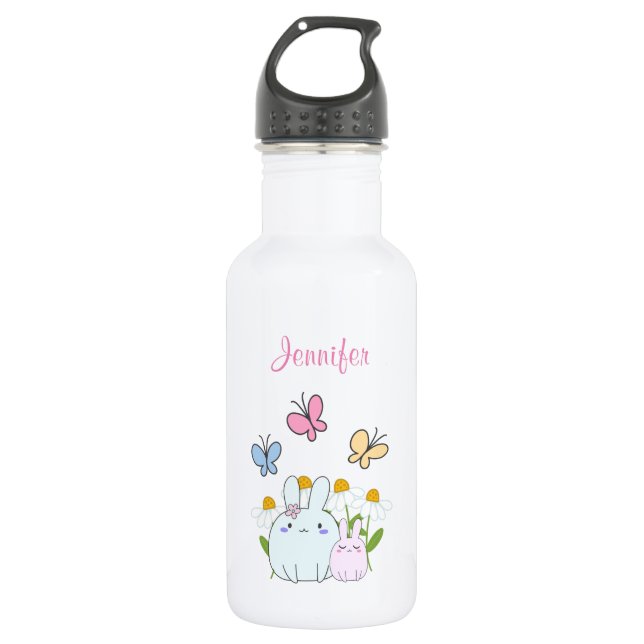 Bouteille D'eau Cute Bunnies avec marguerites de printemps et papi (Devant)