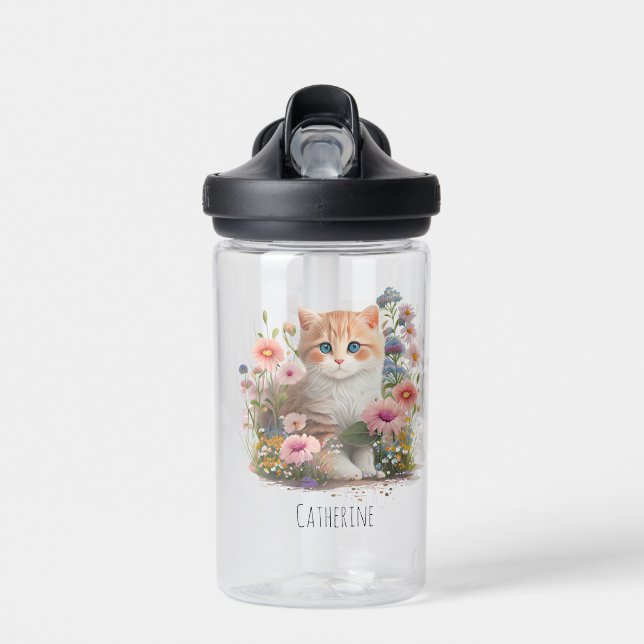 Bouteille D'eau Cute Cat Kitten Floral Aquarelle personnalisée (Avant)