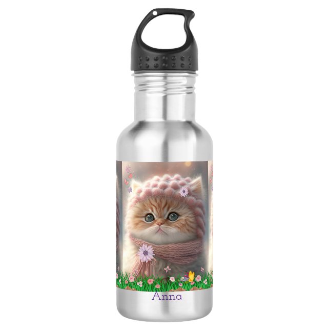 Bouteille D'eau Cute Chat Rose Knit Har Écarf Jardin Floral Person (Devant)