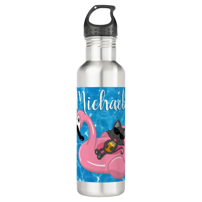 Bouteille D'eau Cute Chat sur Flamant rose rose Floatie Blue Nom F (Devant)