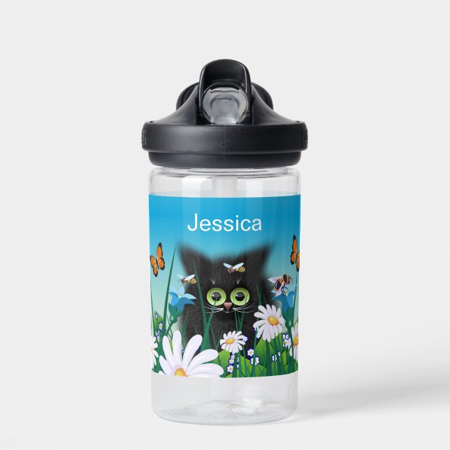 Bouteille D'eau Cute Fluffy Kitten dans Daisy Meadow Personnalisé (Avant)