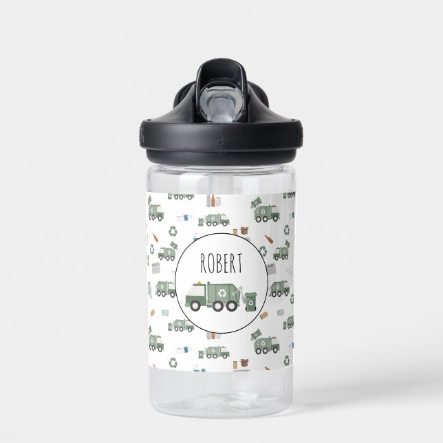 Bouteille D'eau Cute Green Recycling Véhicules Camion Enfants Nom (Avant)