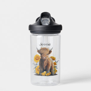 Bouteille D'eau Cute Highland Cow Floral Yellow Sunflower Nom