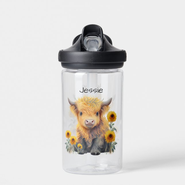 Bouteille D'eau Cute Highland Cow Yellow Floral Sunflower Nom (Avant)