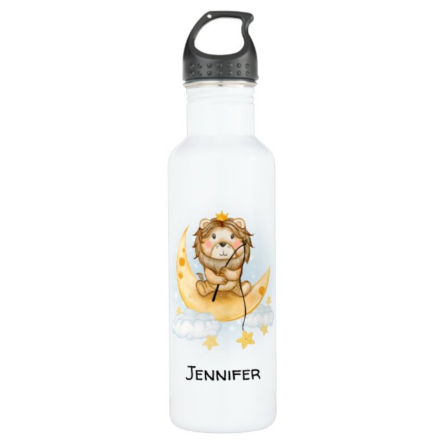 Bouteille D'eau Cute Lion Pêche sur l'aquarelle de la lune (Devant)