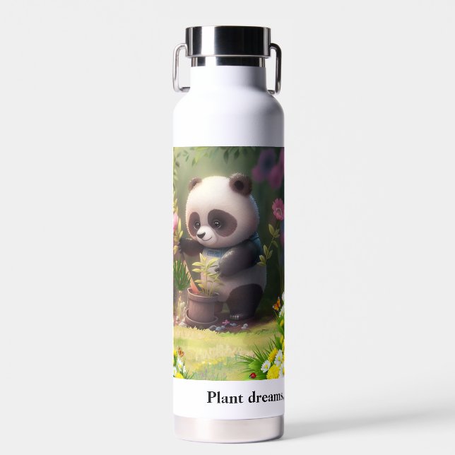 Bouteille D'eau Cute Panda jardinage Fleurs Papillons Citation (Avant)