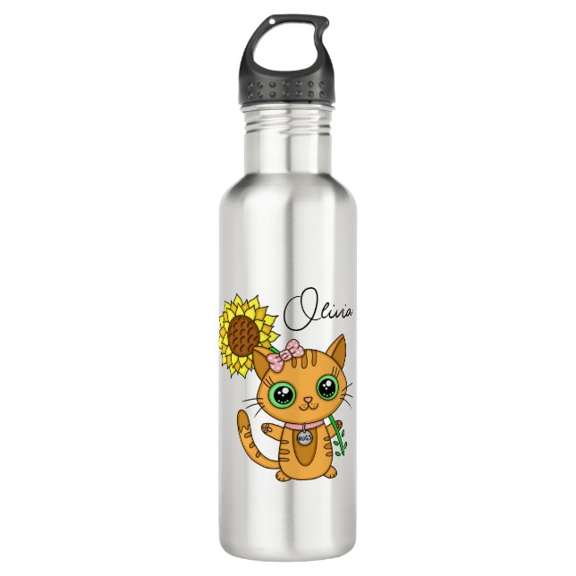 Bouteille D'eau Cute personnalisée Kawaii Chat Holding Fleur (Devant)