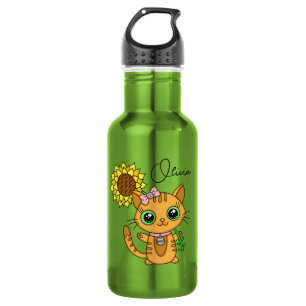 Bouteille D'eau Cute personnalisée Kawaii Chat Holding Fleur