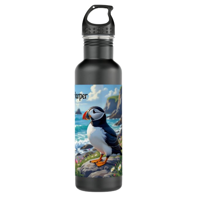 Bouteille D'eau Cute Puffin on the Seashore themed Personalized (Devant)