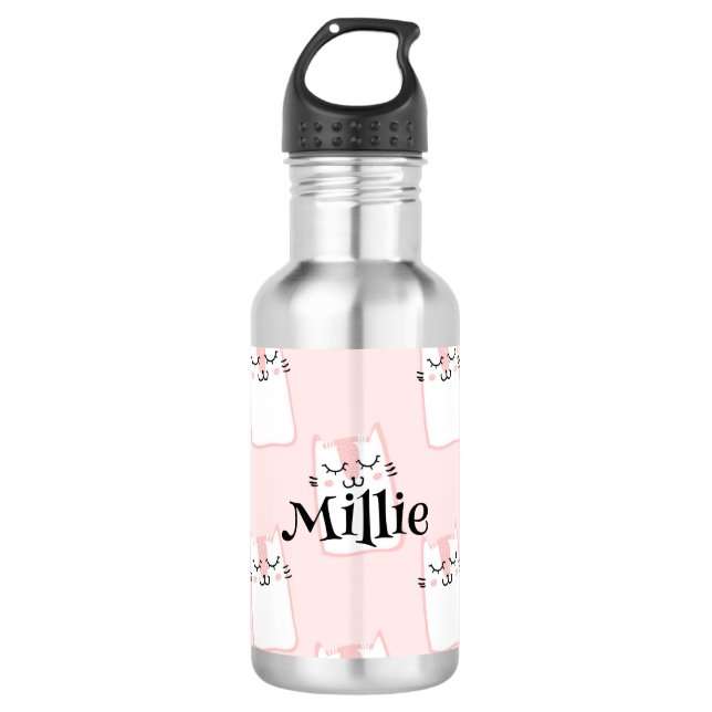 Bouteille D'eau Cute Rose Chat Motif Filles Nom École (Devant)