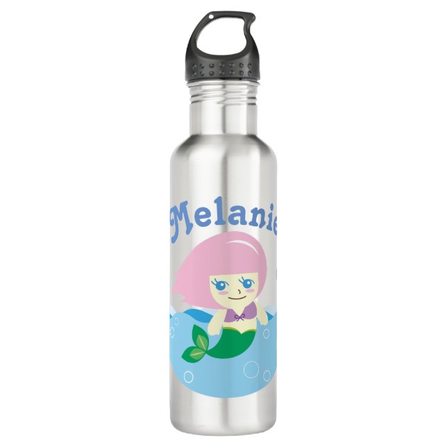 Bouteille D'eau Cute sirène avec cheveux roses Personnalisé (Devant)