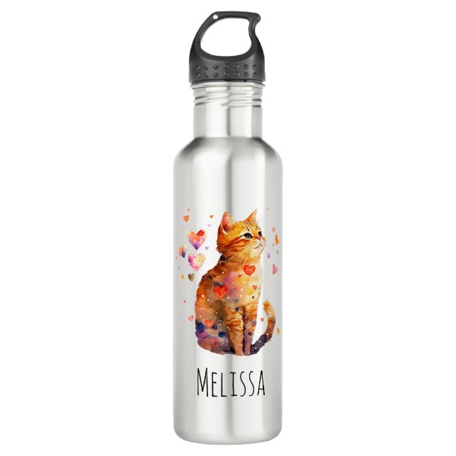 Bouteille D'eau Cute Tabby Chat avec Coeurs (Devant)