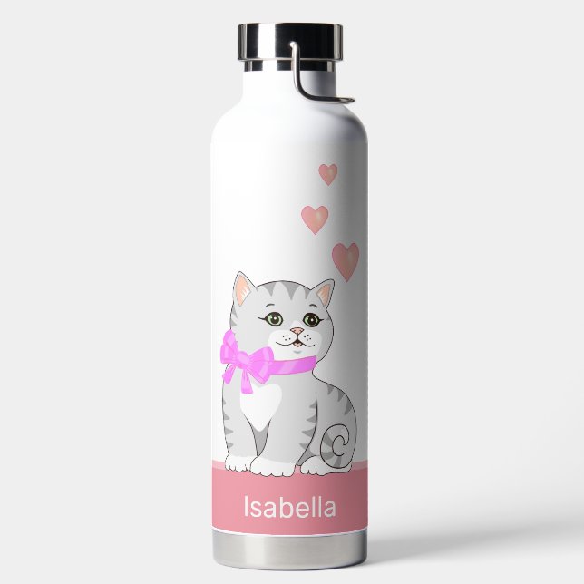 Bouteille D'eau Cute Tabby Chat & Coeurs sur Rose & Blanc (Droite)