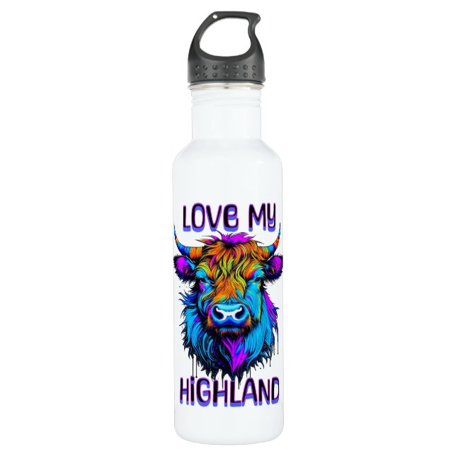 Bouteille D'eau Cyberpunk Coloré Ai Highland Cow (Devant)